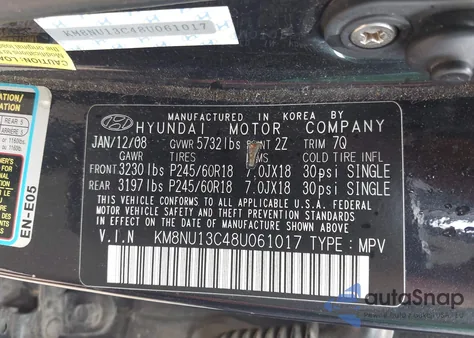 2008 Hyundai Veracruz Gls/Limited/Se from USA, damaged, VIN KM8NU13C48U061017